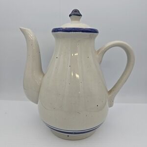 vintage stoneware teapot Coffee Pot Blue Rim White Cream Speckled W / Lid 9"